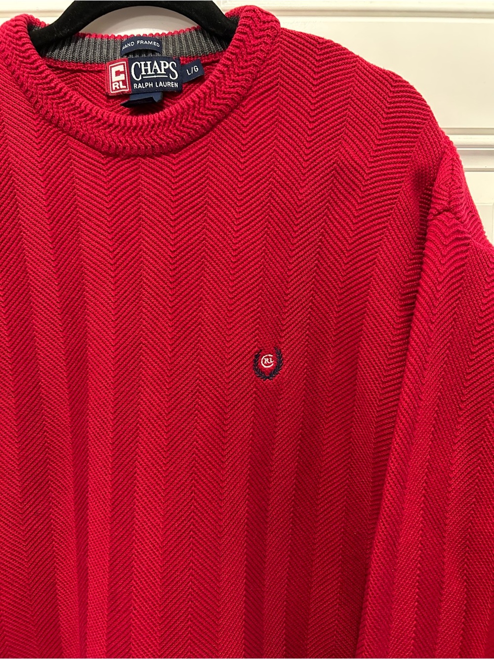 Vintage 100% Cotton Hand Framed Chaps Ralph Lauren 90s Y2K Red Knit Crew Sweater